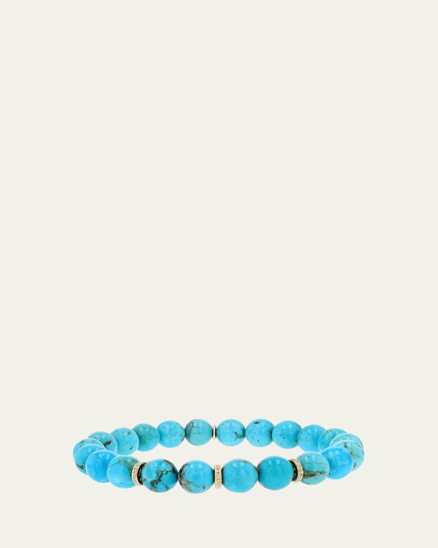 14K Turquoise 8mm Bead Bracelet with 3 Pave Diamond Rondelles